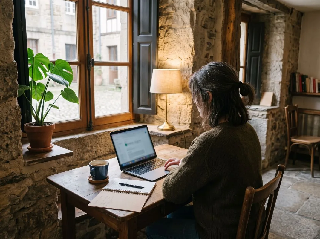 Mujer trabajando con un portátil junto a una ventana, en una sala de muros de piedra con una lámpara encendida, una planta y una taza de café sobre la mesa