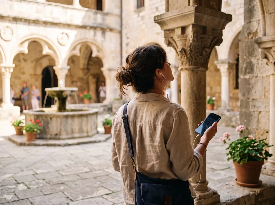 Visitante de espaldas, con un auricular y el móvil en la mano, mirando el capitel de una columna en el claustro de un monumento con fuente y macetas